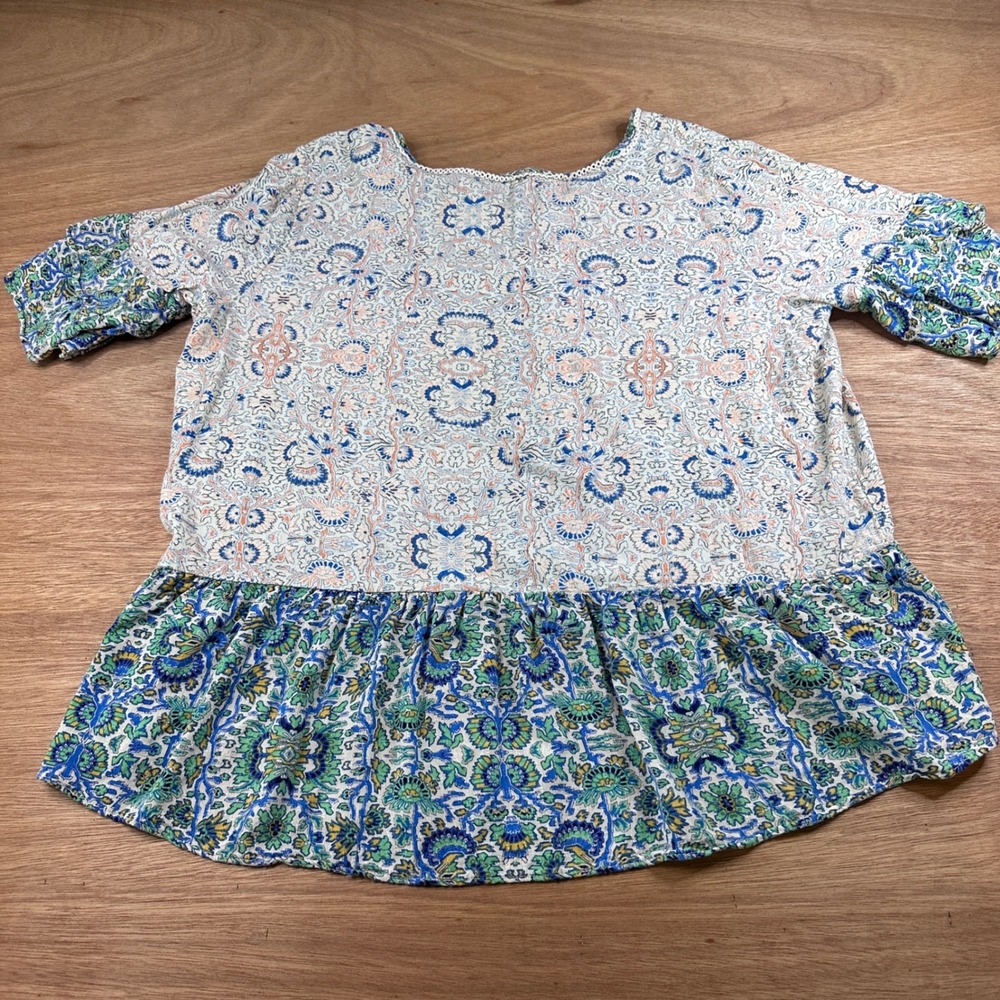 Democracy XL Boho Paisley Peplum Top Blue Green Rayon Hi Low Blouse - Picture 3 of 9